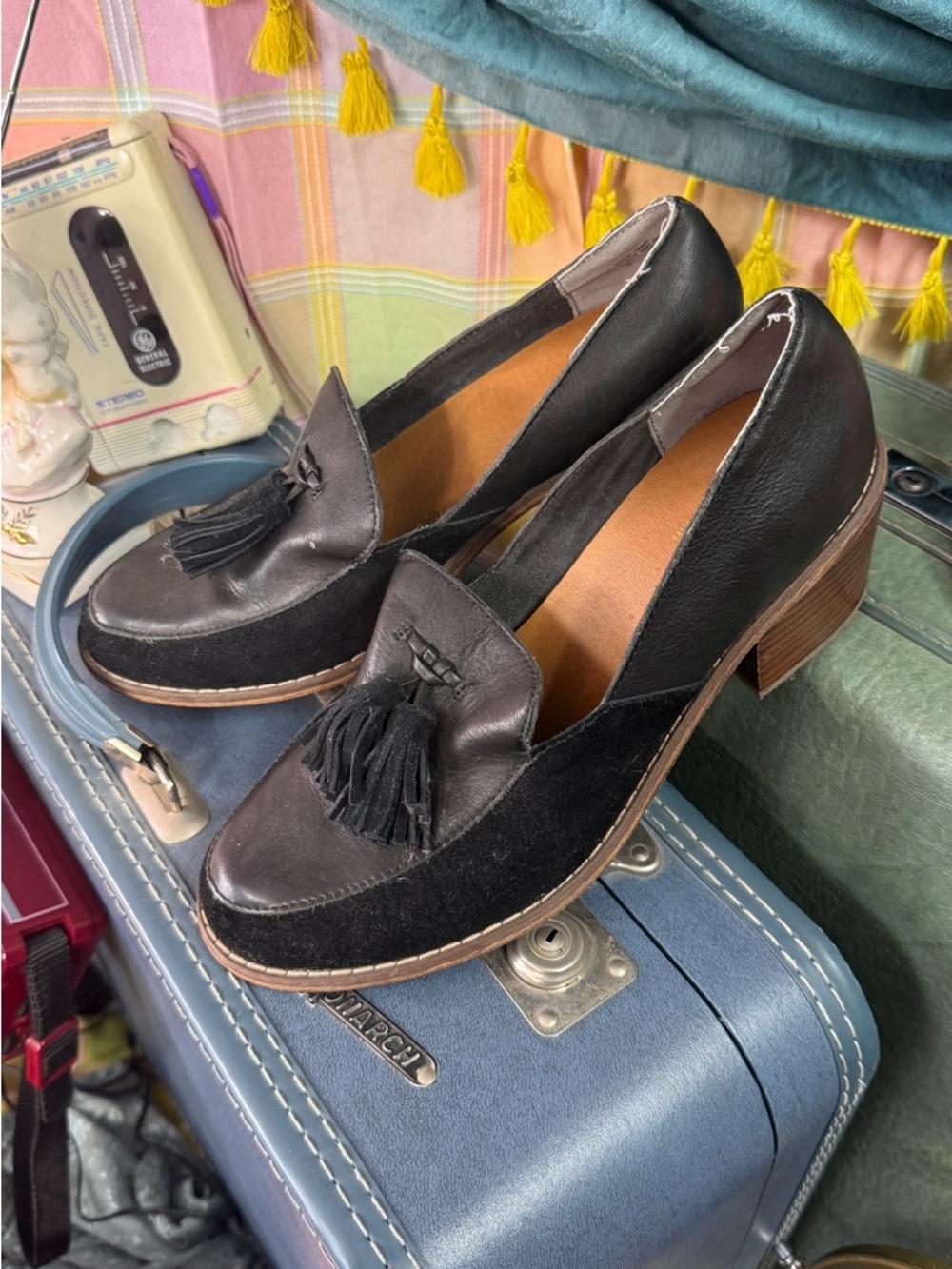 Seychelles Black Tassel Loafers with Brown Block Heel